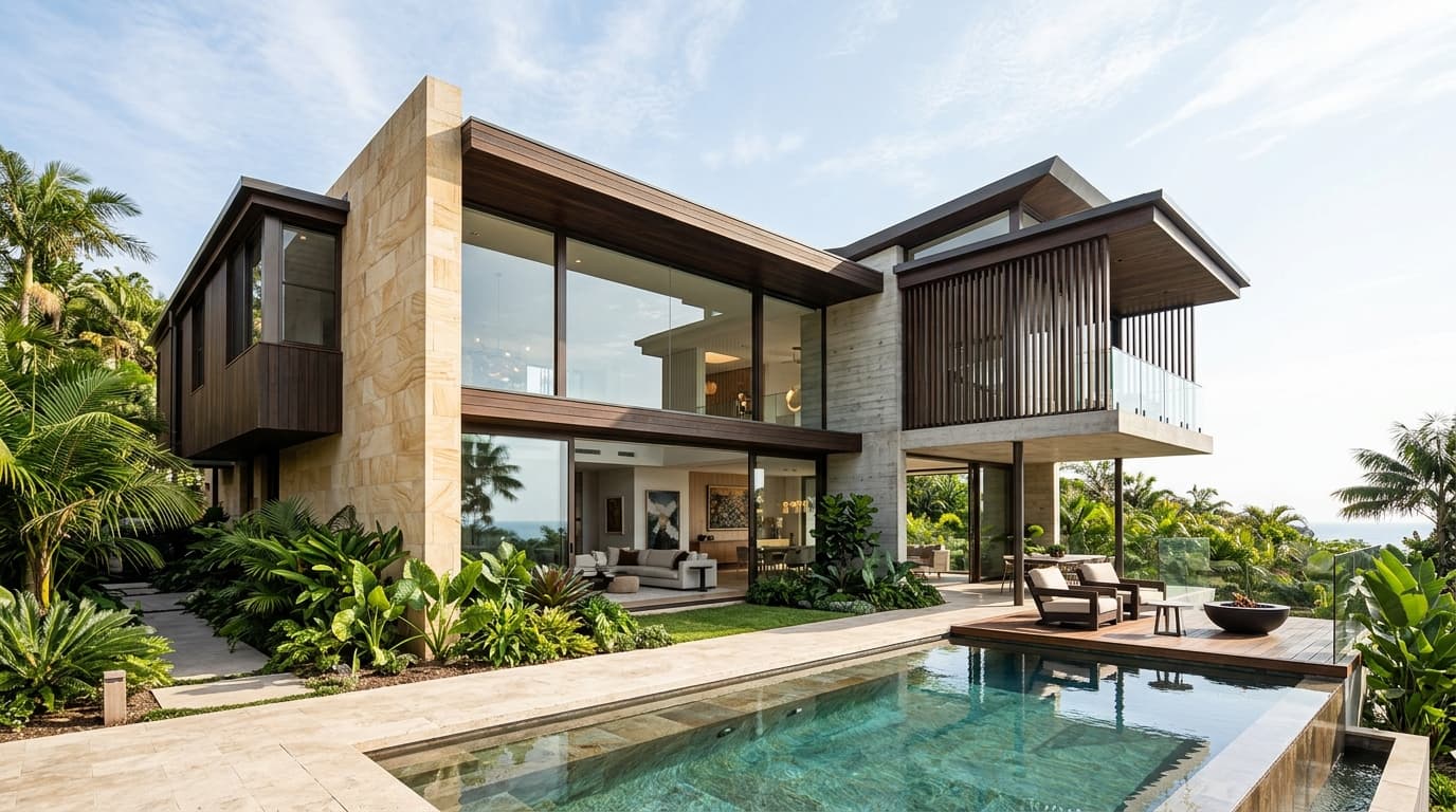 Modern luxury residence in Cantonment with warm limestone, timber battens, and landscaped pool terrace.