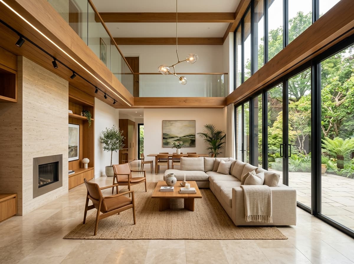 Double-height sunlit living room with bespoke woodwork, travertine floors, and floor-to-ceiling glass.