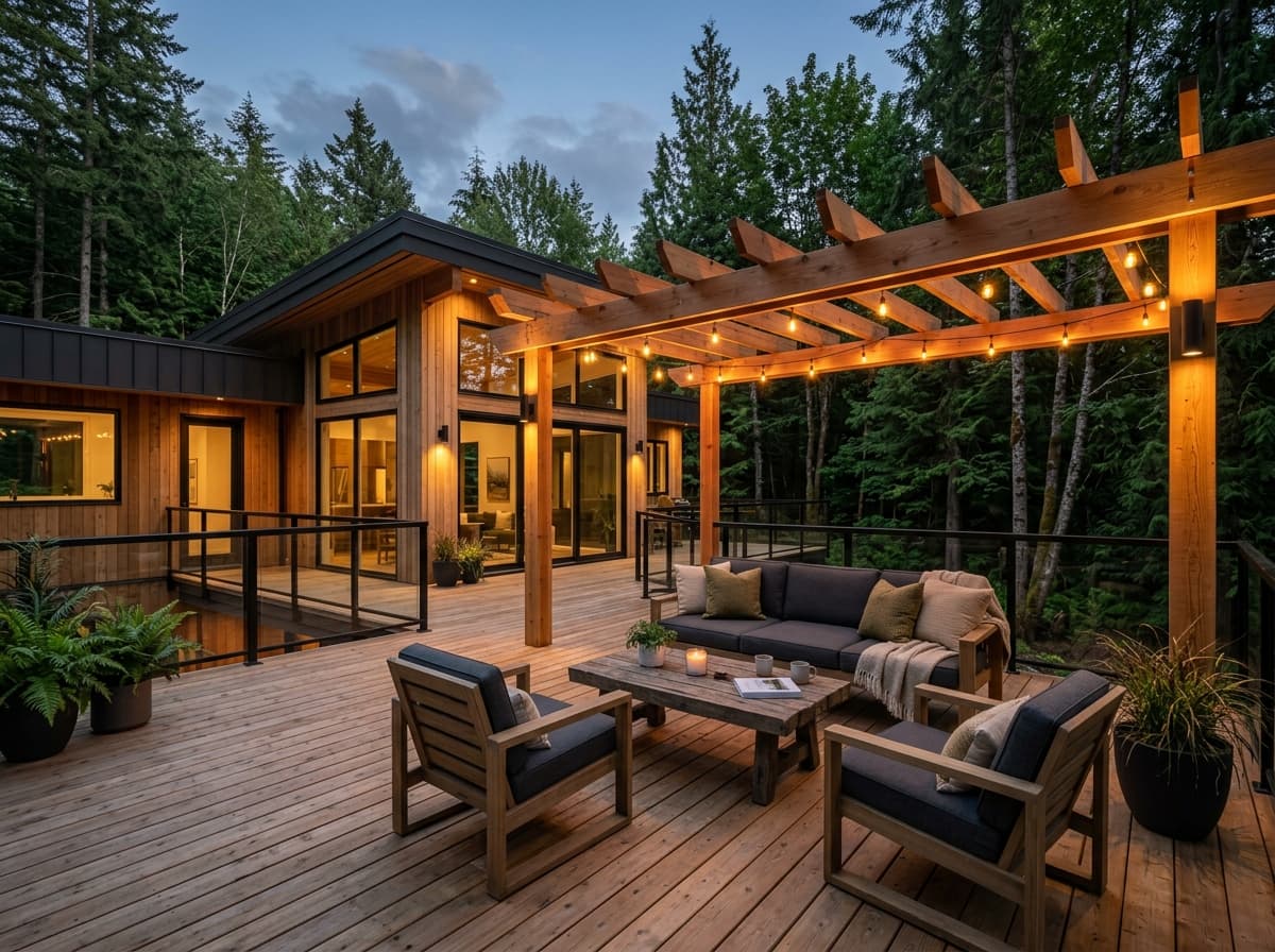 Spacious wooden outdoor deck patio with cedar pergola, ambient lighting, and forest setting.