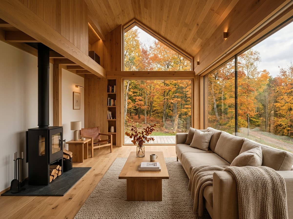 Minimalist Scandinavian timber living room with cozy fireplace and large panoramic picture window.
