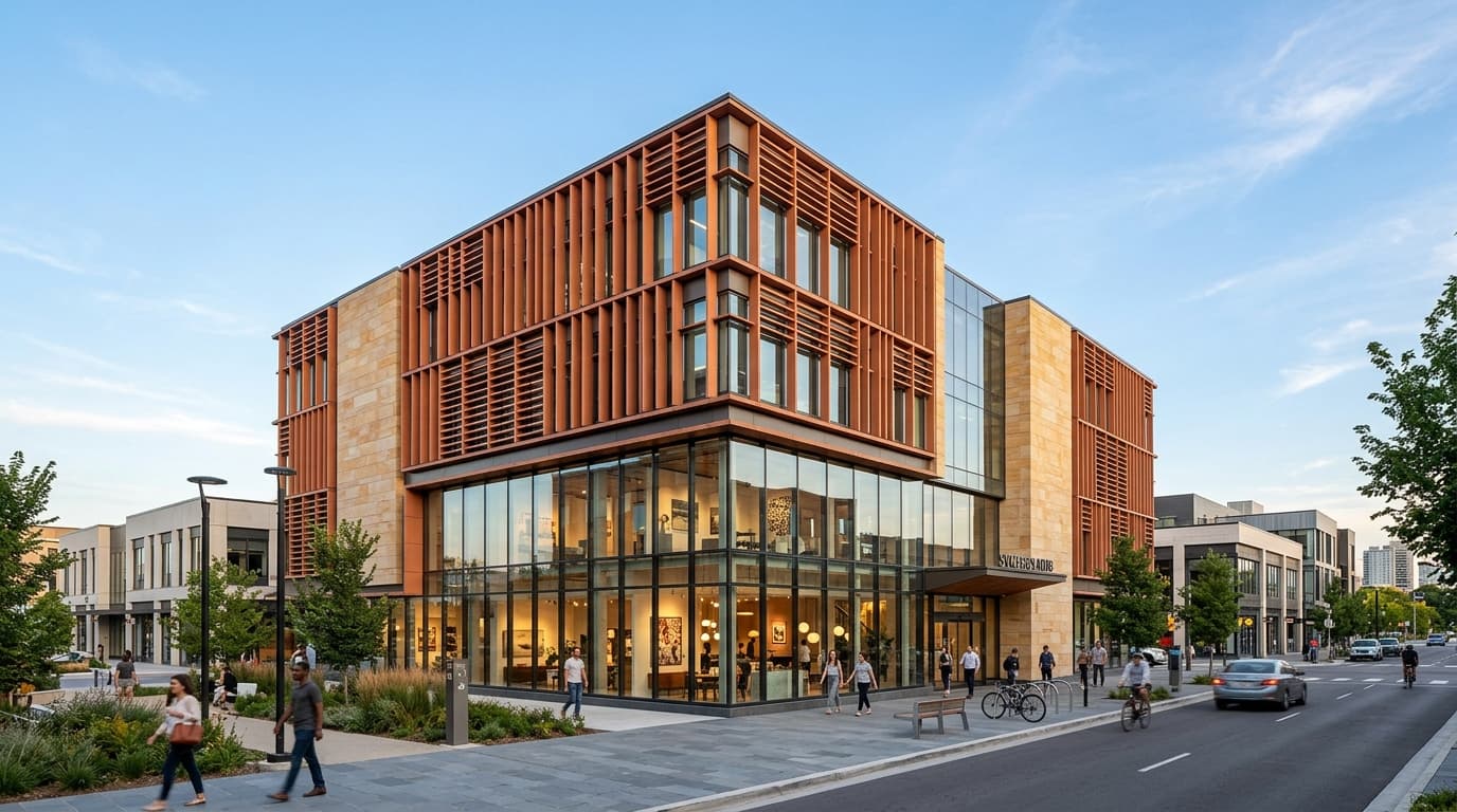 Three-storey commercial block in Srirangam with terracotta louvers and full-height ground floor glass showroom.