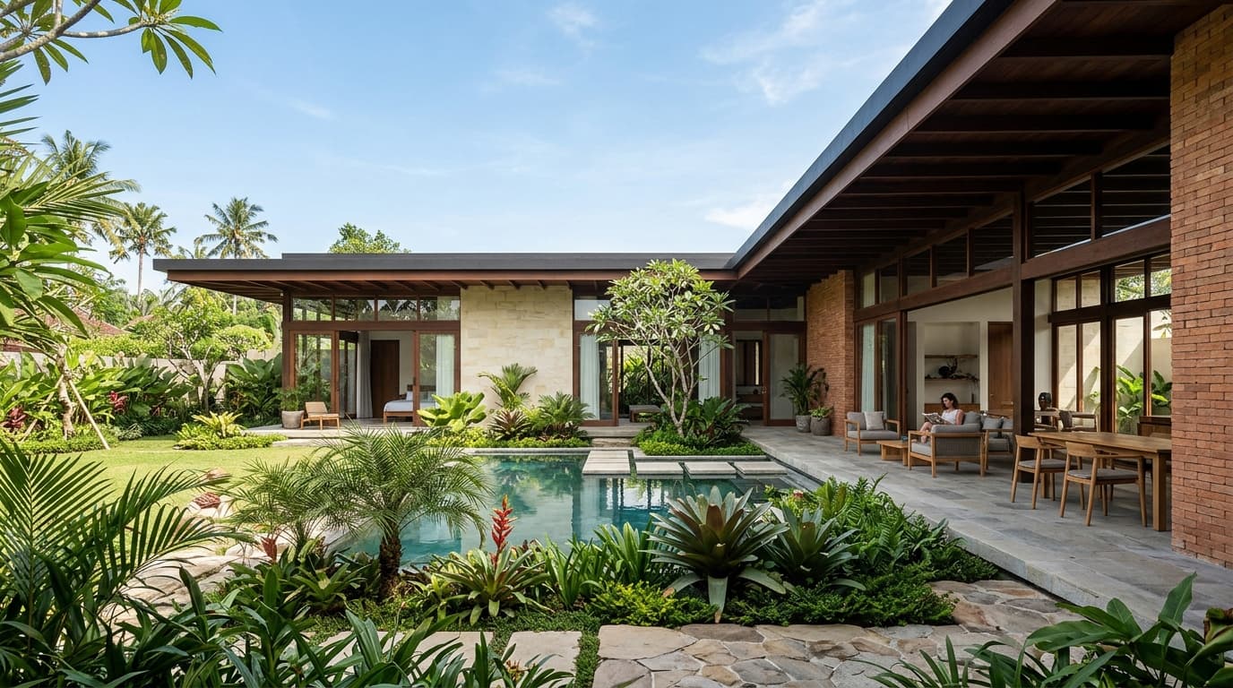 Tropical single-storey courtyard villa in Woraiyur with expansive verandah, reflection pool, and lush garden.