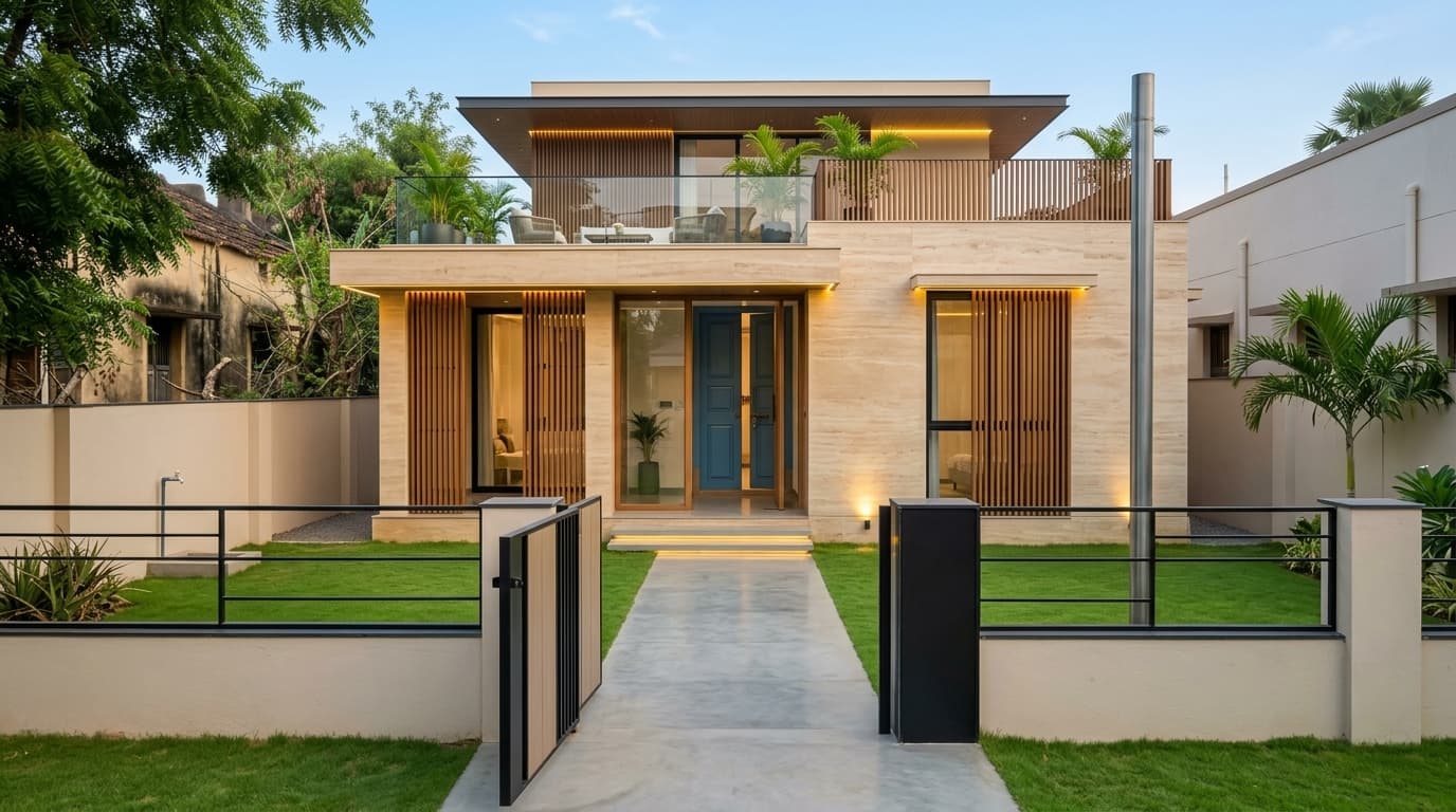 Contemporary travertine and timber villa after turnkey architectural elevation